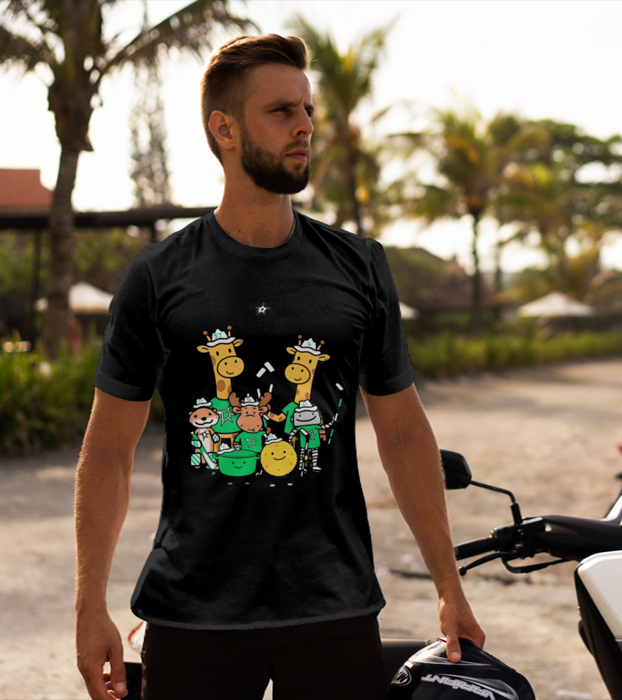 Dallas Stars Cartoon Characters Family Fun With Giraffe Moose Dog Bear And Cat T-Shirt