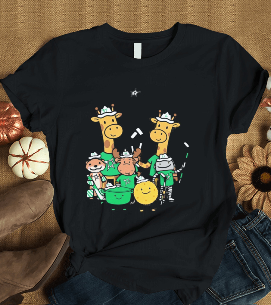 Dallas Stars Cartoon Characters Family Fun With Giraffe Moose Dog Bear And Cat T-Shirt
