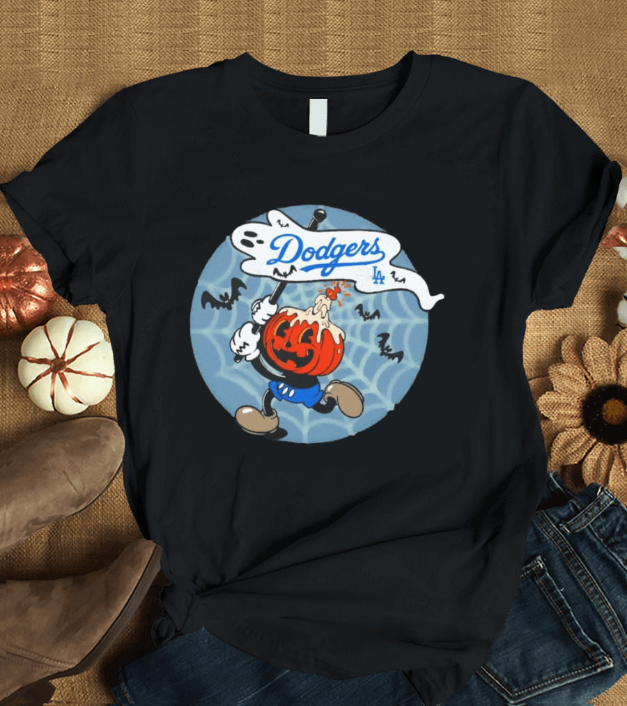Los Angeles Dodgers Halloween Pumpkin Head Vintage Cartoon With Bats And Webs T-Shirt