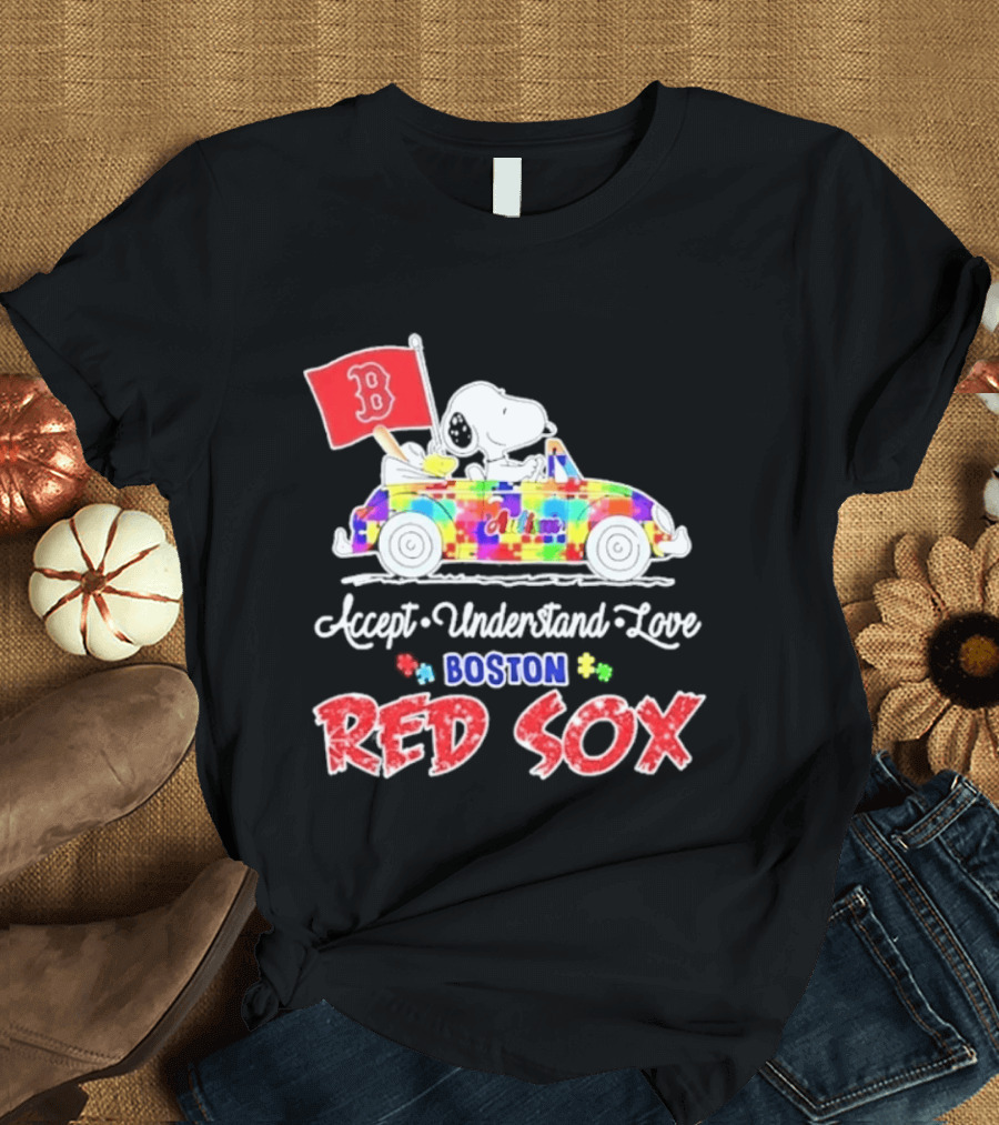 Snoopy Woodstock Boston Red Sox Driving Car Autism Awareness Accept Understand Love 2026 T-Shirt