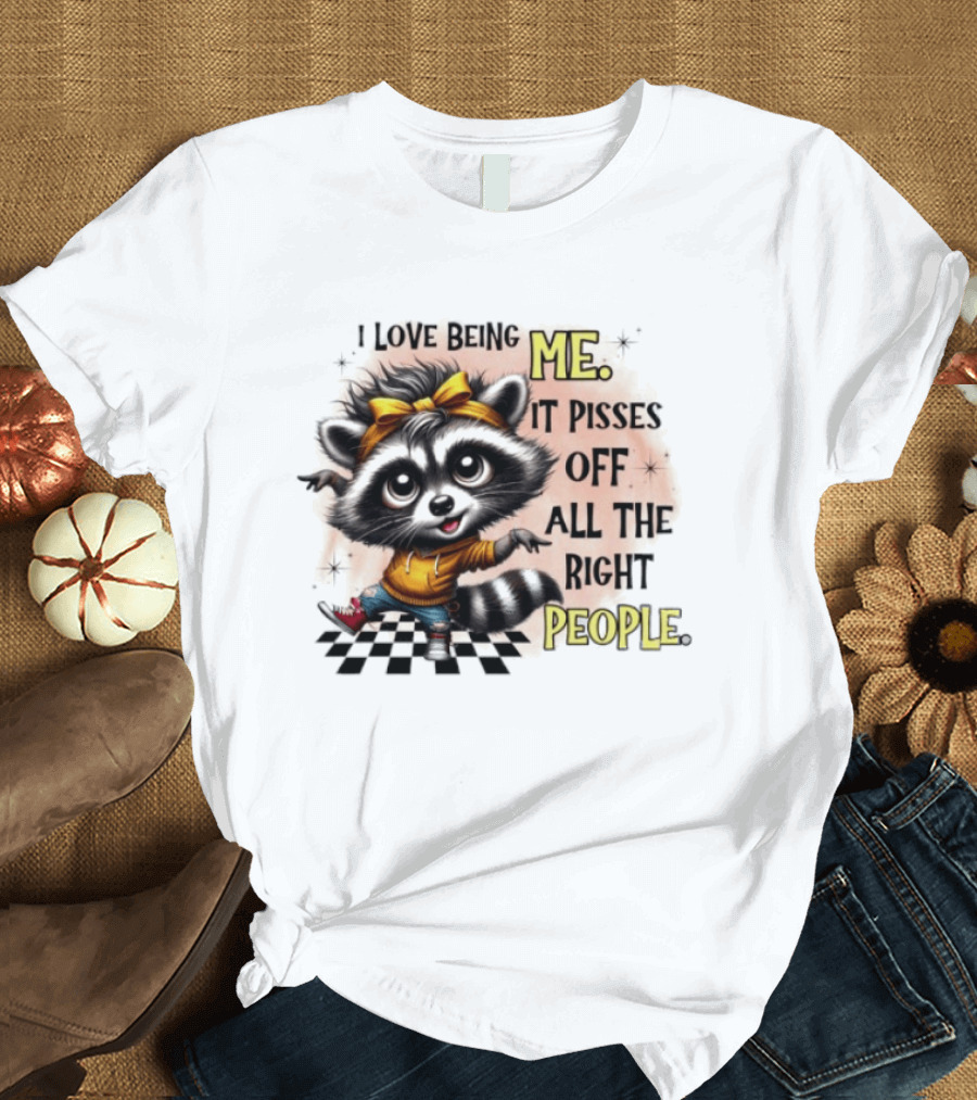 Raccoon I Love Being Me It Pisses Off All The Right People Yellow Bandana Denim Sneakers T-Shirt