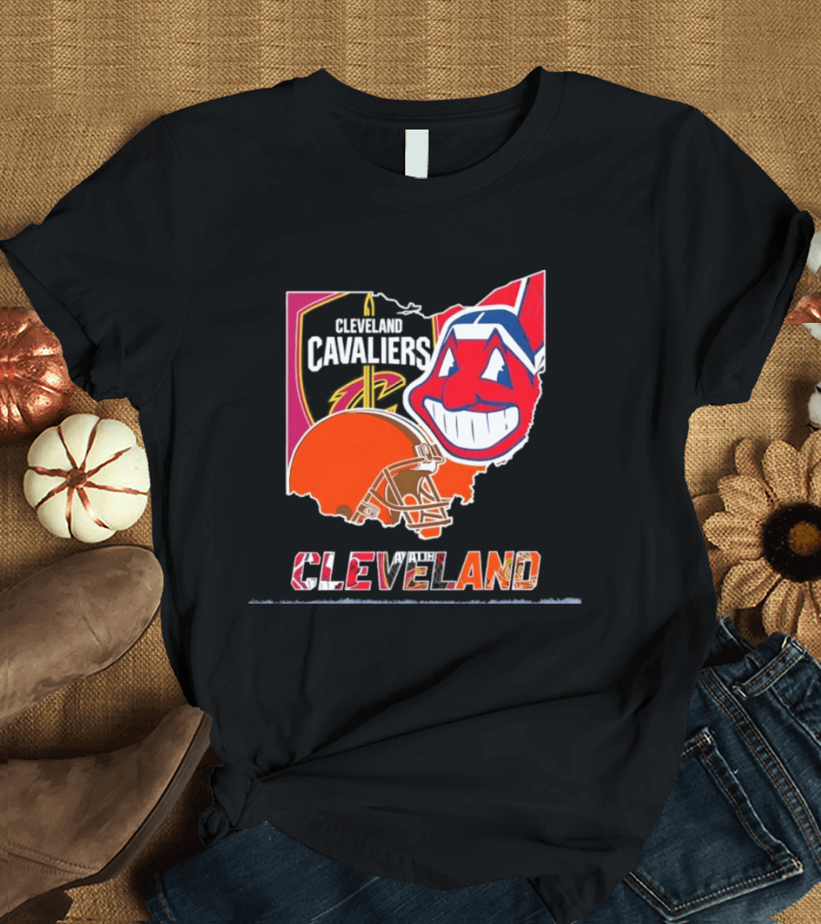 Cleveland Cavaliers Browns Indians 2026 Team Sport Map T-Shirt