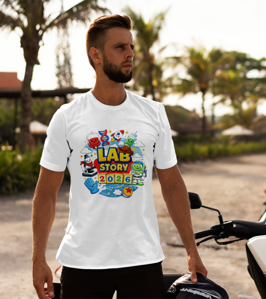 LAB STORY 2026 Cartoon Rocket Alien Science Adventure T-Shirt