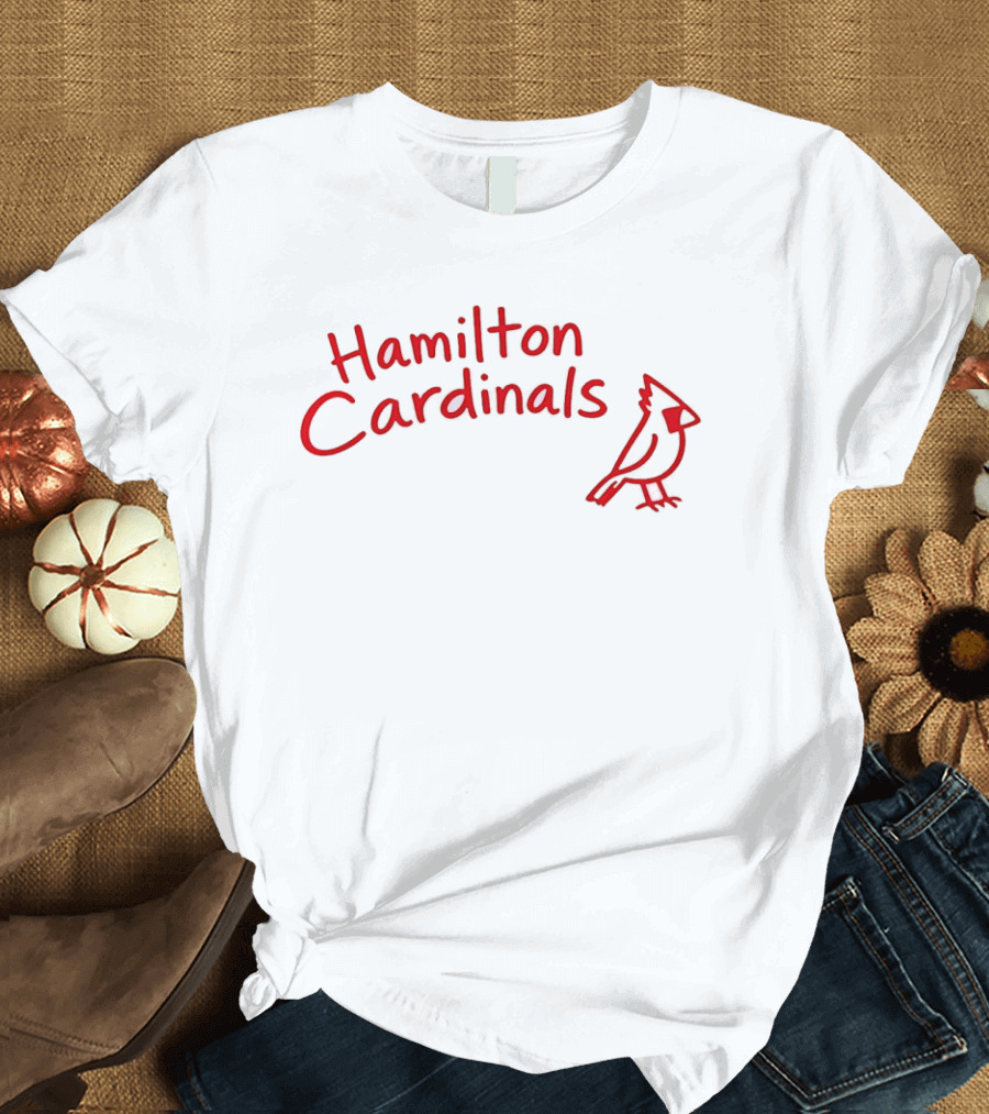 Hamilton Cardinals Red Text With Cardinal Drawing T-Shirt
