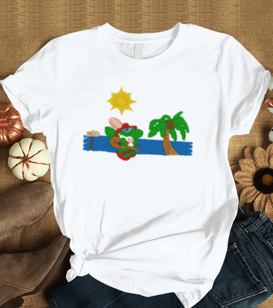 Jimmy Buffett Gator With Guitar By Palm Tree And Sun T-Shirt
