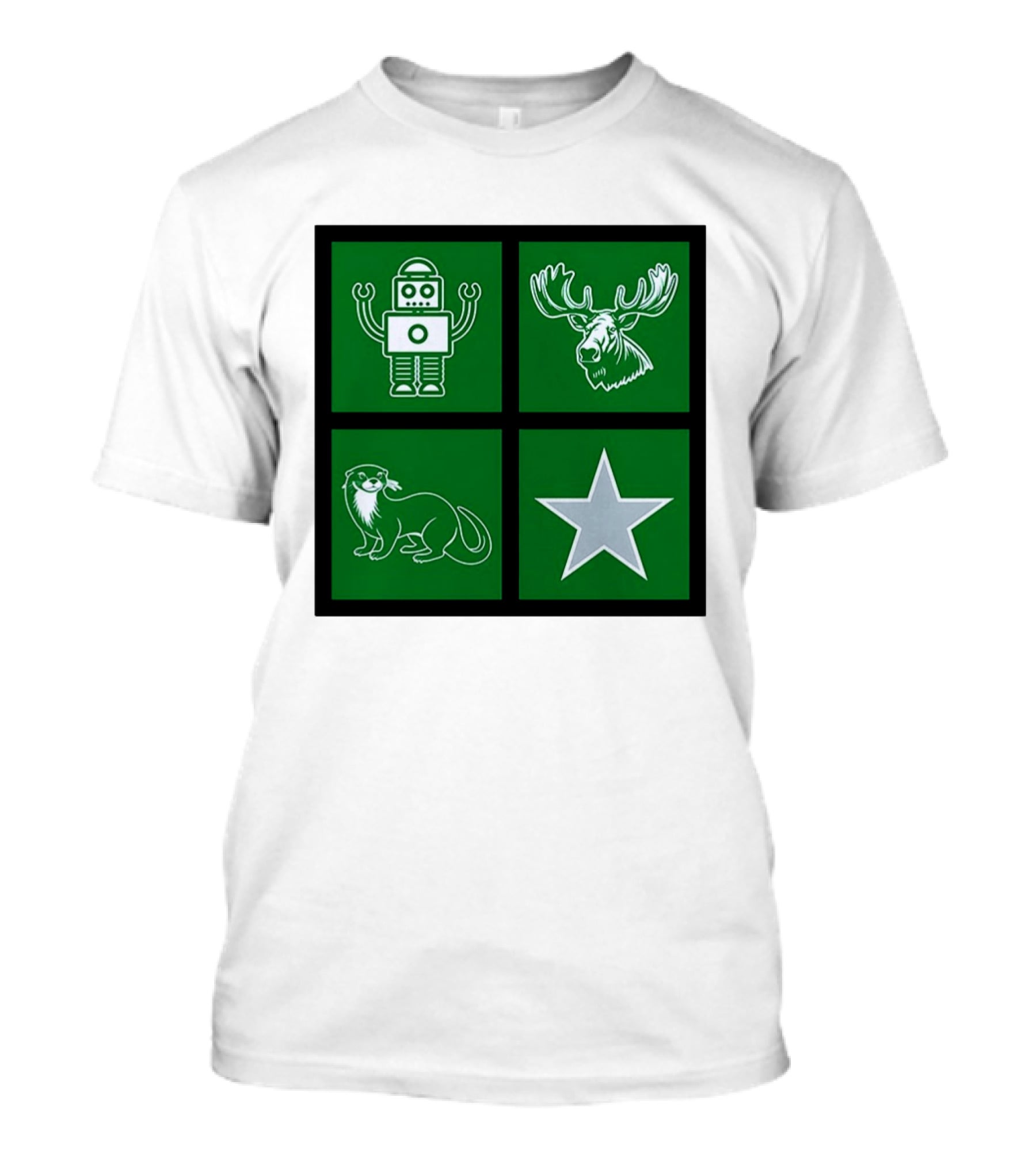 Robot Moose Otter Star Quadrant On Green T-Shirt