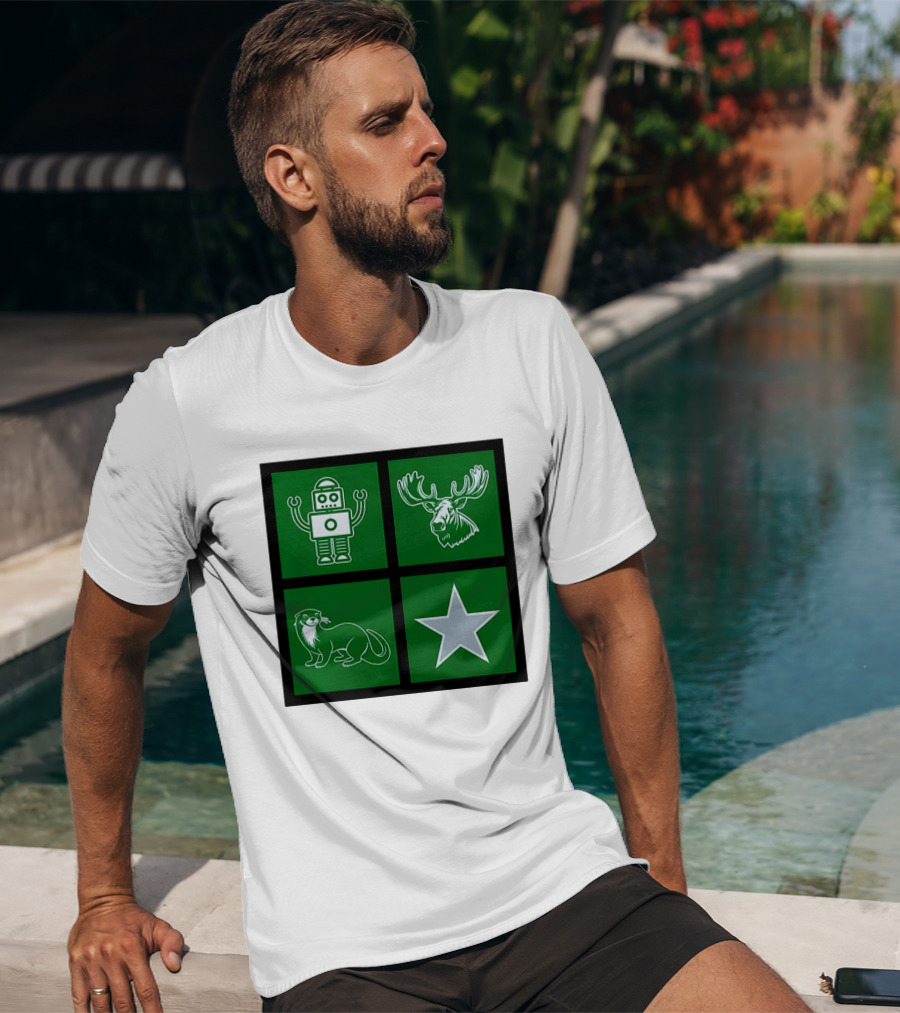 Robot Moose Otter Star Quadrant On Green T-Shirt