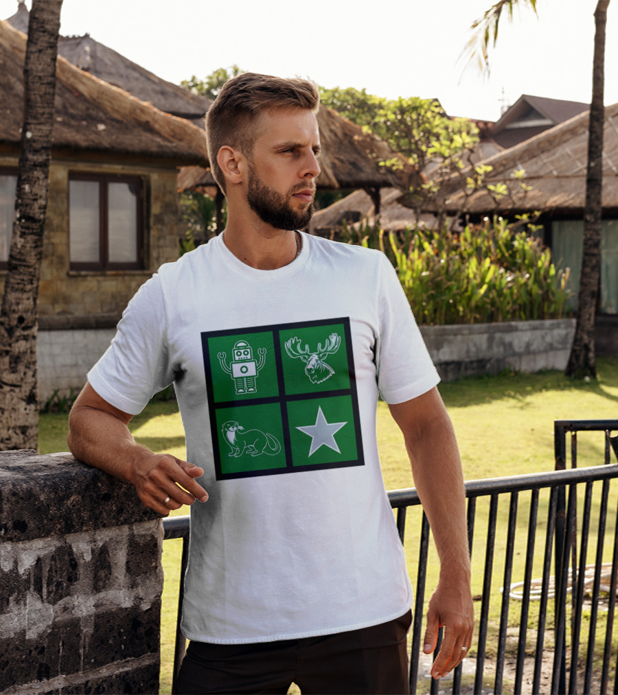 Robot Moose Otter Star Quadrant On Green T-Shirt