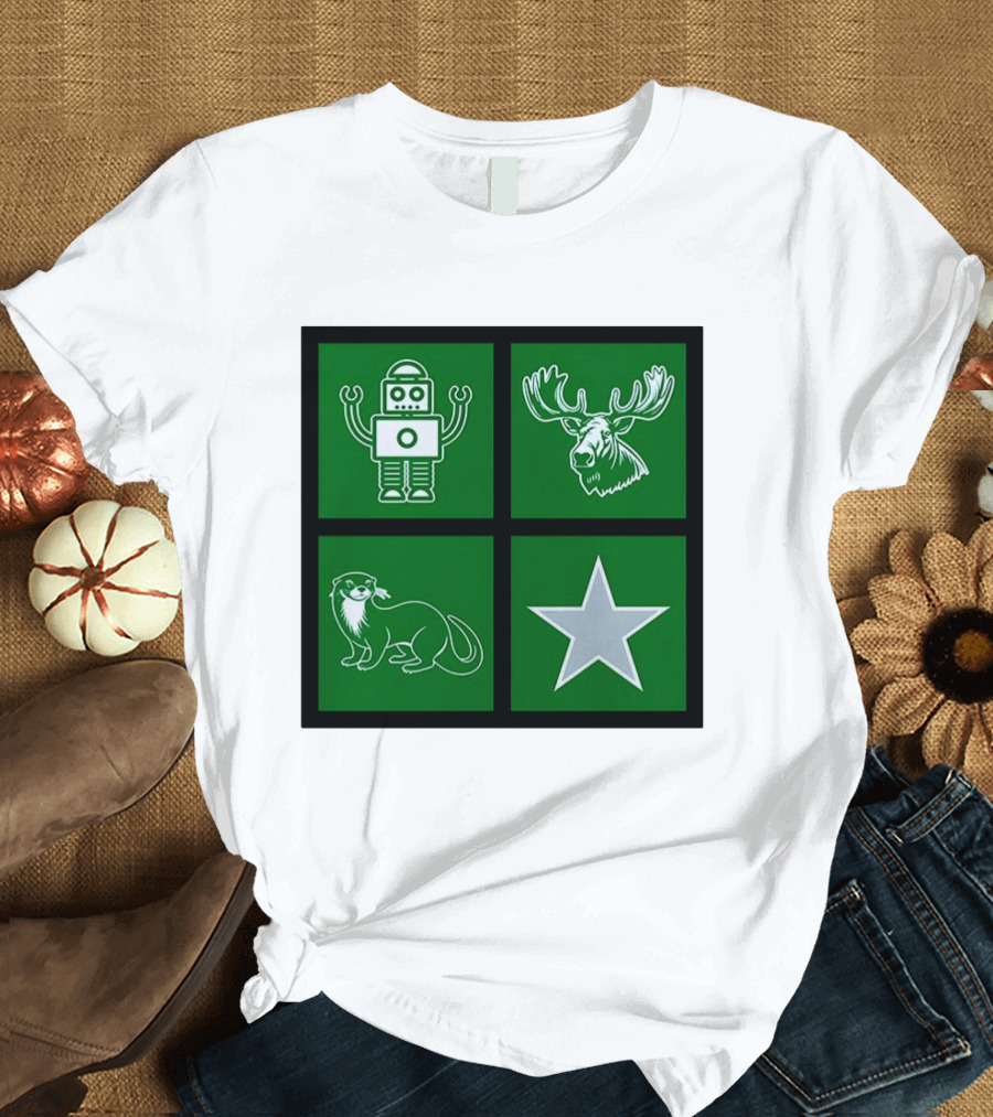 Robot Moose Otter Star Quadrant On Green T-Shirt