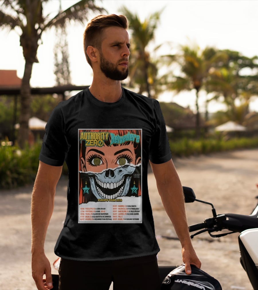 Authority Zero Belvedere Europe Tour 2026 Featuring Futuristic Comic Art Style With Date And Venue List T-Shirt