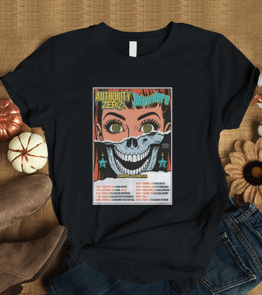 Authority Zero Belvedere Europe Tour 2026 Featuring Futuristic Comic Art Style With Date And Venue List T-Shirt