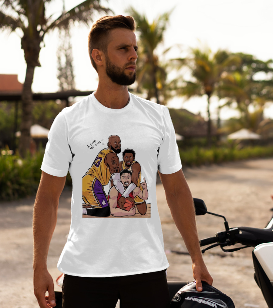 Lebron James Lakers Family Bronny Sengun Cartoon Basketball Scene T-Shirt