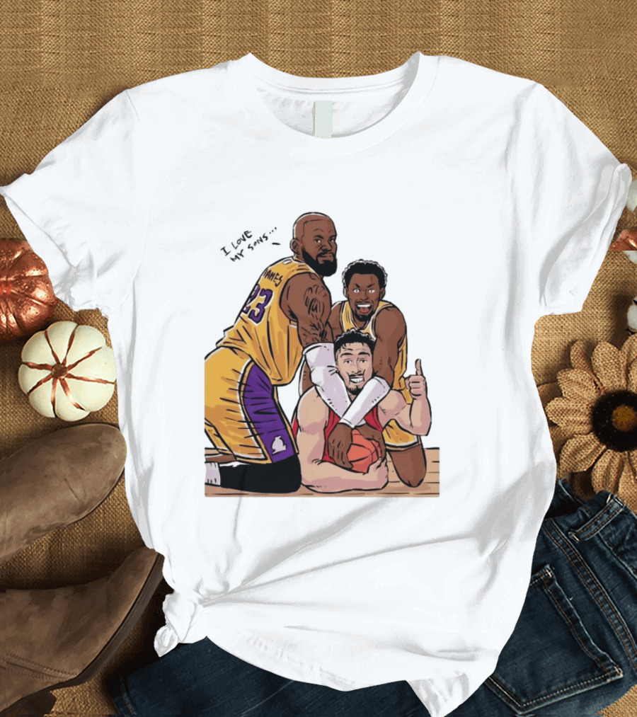 Lebron James Lakers Family Bronny Sengun Cartoon Basketball Scene T-Shirt