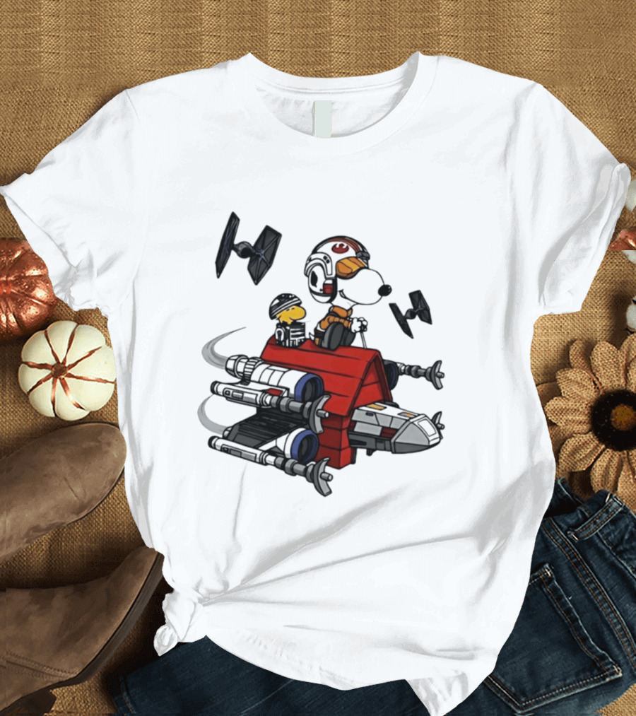 Space Beagle Snoopy Star Wars X Wing Doghouse Woodstock TIE Fighters T-Shirt