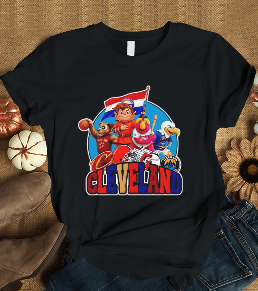 Cleveland City Mascots Cavaliers Guardians Browns Blue Jackets T-Shirt