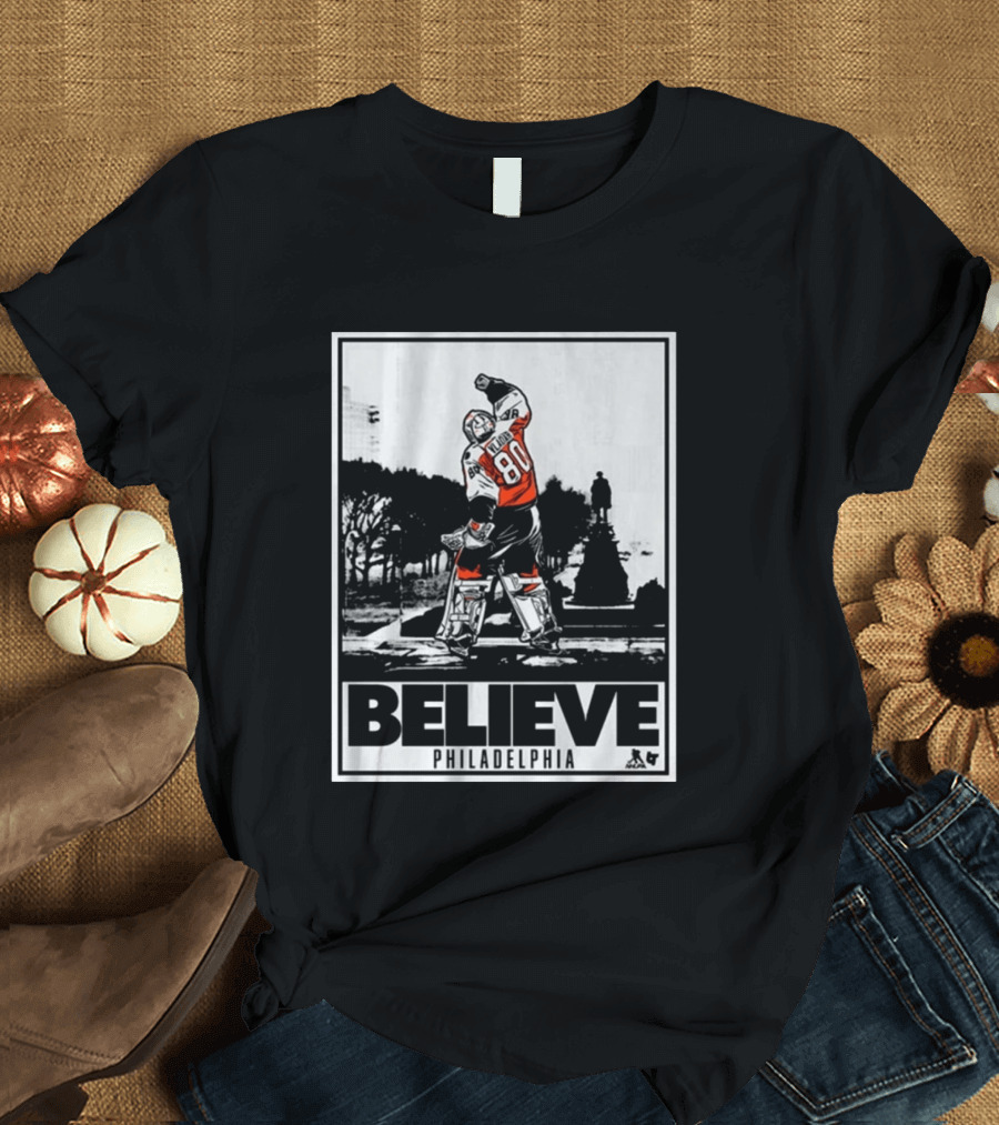 Dan Vladar 80 Jersey Believe Philadelphia Statue Hockey Scene T-Shirt