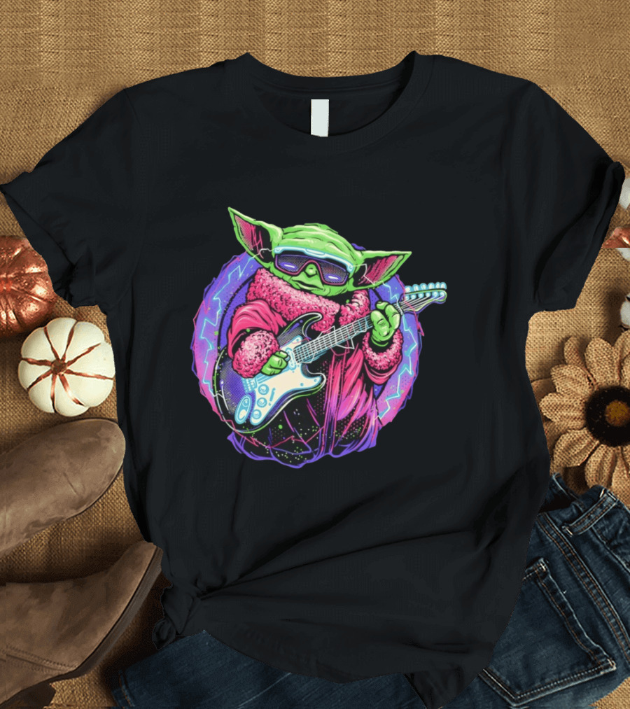 Grogu Electric Galaxy Guitar Blue Neon Lightning T-Shirt