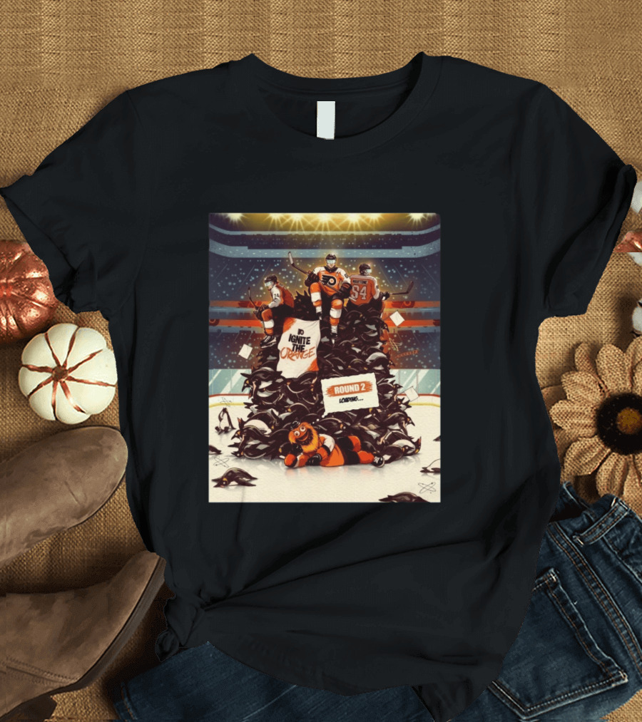 Philadelphia Flyers Ignite The Orange Round 2 Loading Cartoon Hockey Battle T-Shirt