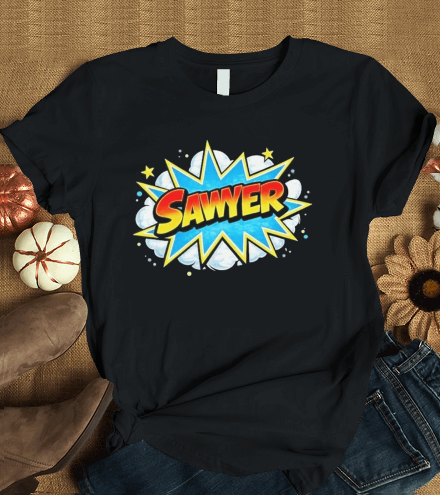 Sawyer Comic Book Style Burst Name With Stars And Clouds T-Shirt