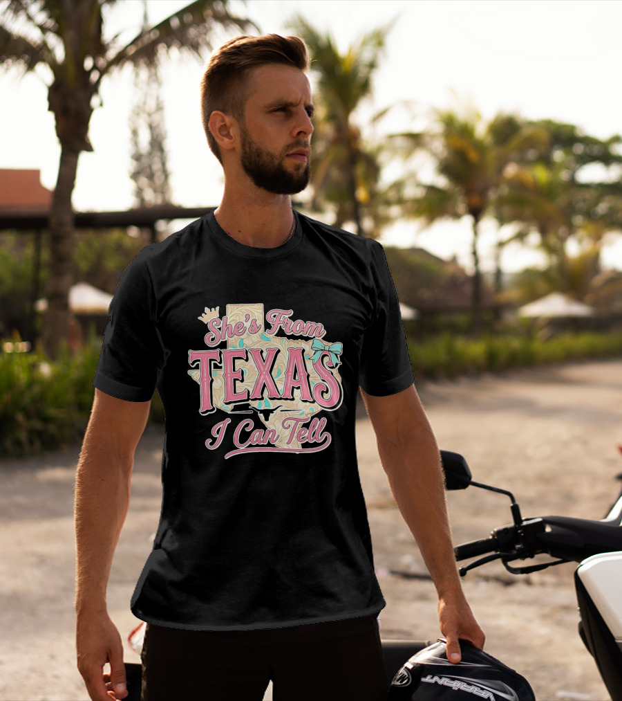 She's From Texas I Can Tell Texas Map Crown Bow T-Shirt
