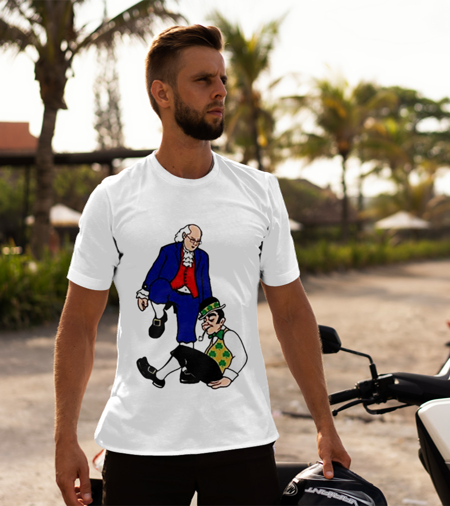 Ben Franklin Stepover Cartoon Colonial Vs Leprechaun T-Shirt