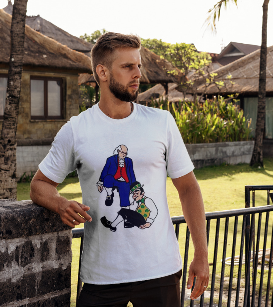 Ben Franklin Stepover Cartoon Colonial Vs Leprechaun T-Shirt