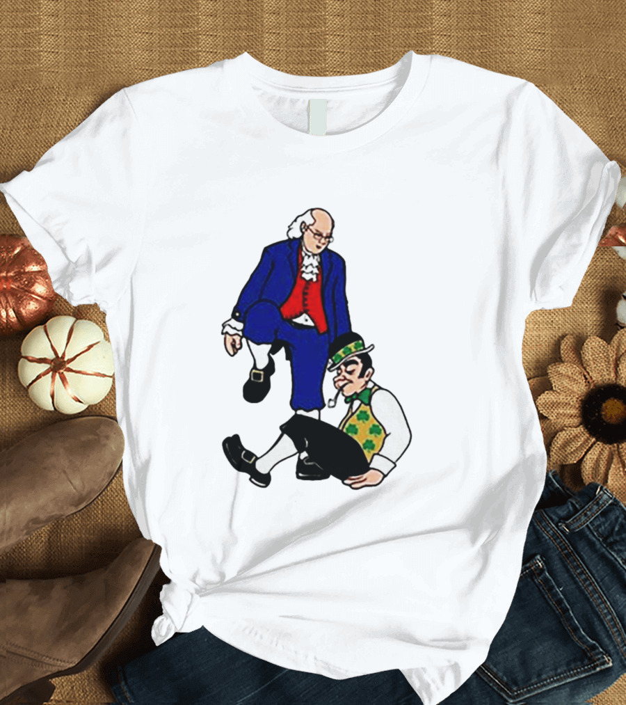Ben Franklin Stepover Cartoon Colonial Vs Leprechaun T-Shirt