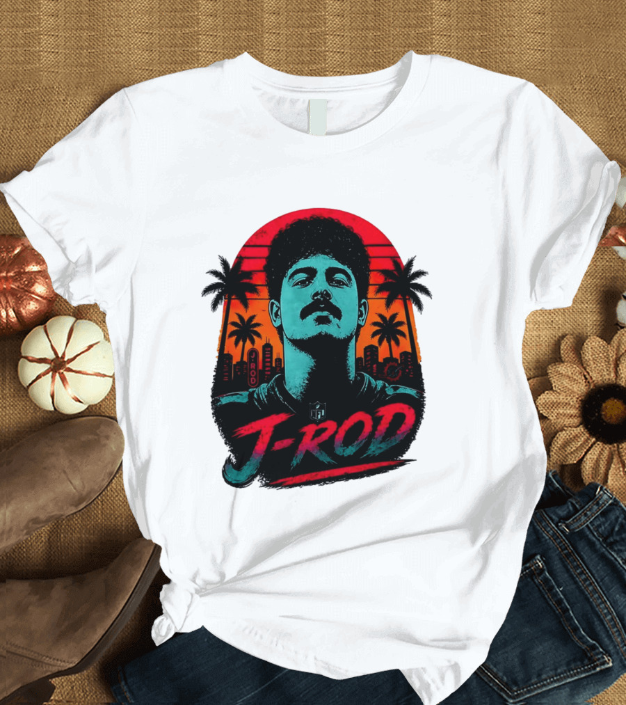 J Rod Retro Sunset Vibes With NFL And Palm Trees T-Shirt