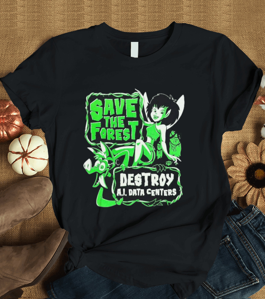 Save The Forest Destroy A.I. Data Centers Cartoon Fairy And Boar T-Shirt