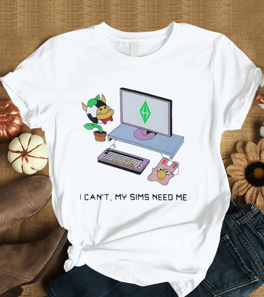 I Can't My Sims Need Me Cowplant Computer And Plumbob Gaming Setup T-Shirt