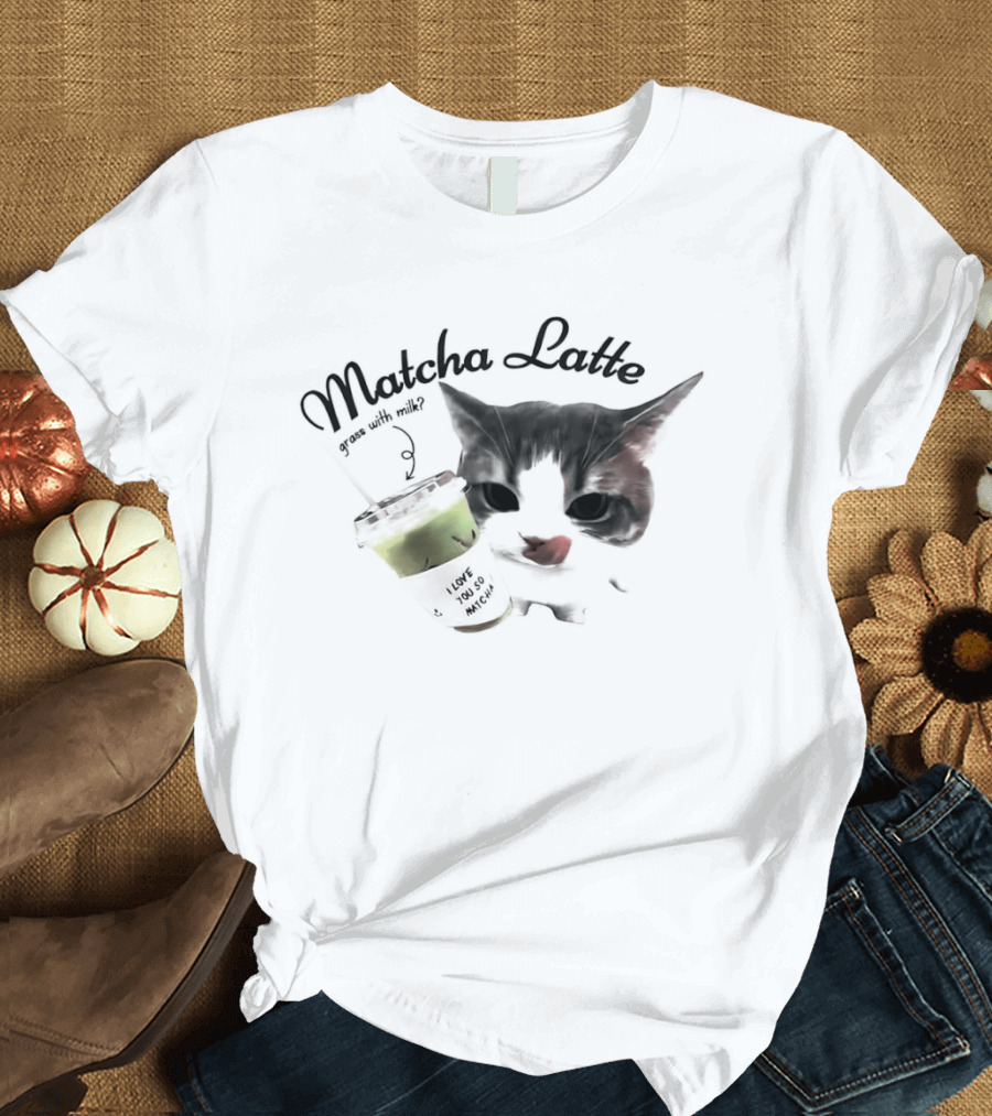Matcha Latte Coffee Cat Kawaii With Paw And Tail T-Shirt