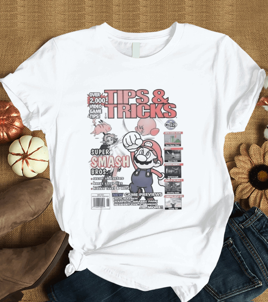 Super Smash Bros Over 2000 Video Game Tips And Tricks Retro Cover Mario Kirby Characters T-Shirt