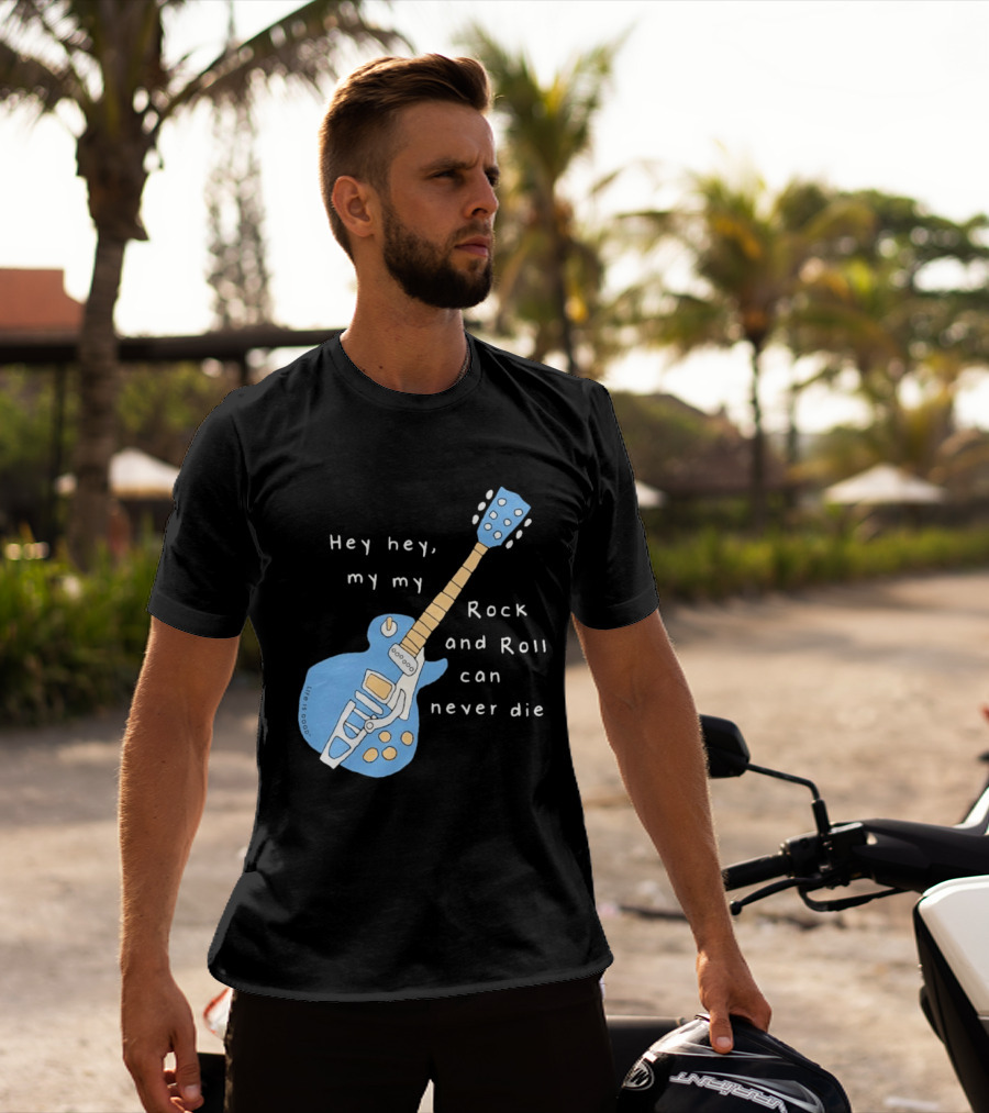 Hey Hey My My Rock And Roll Can Never Die Blue Guitar T-Shirt