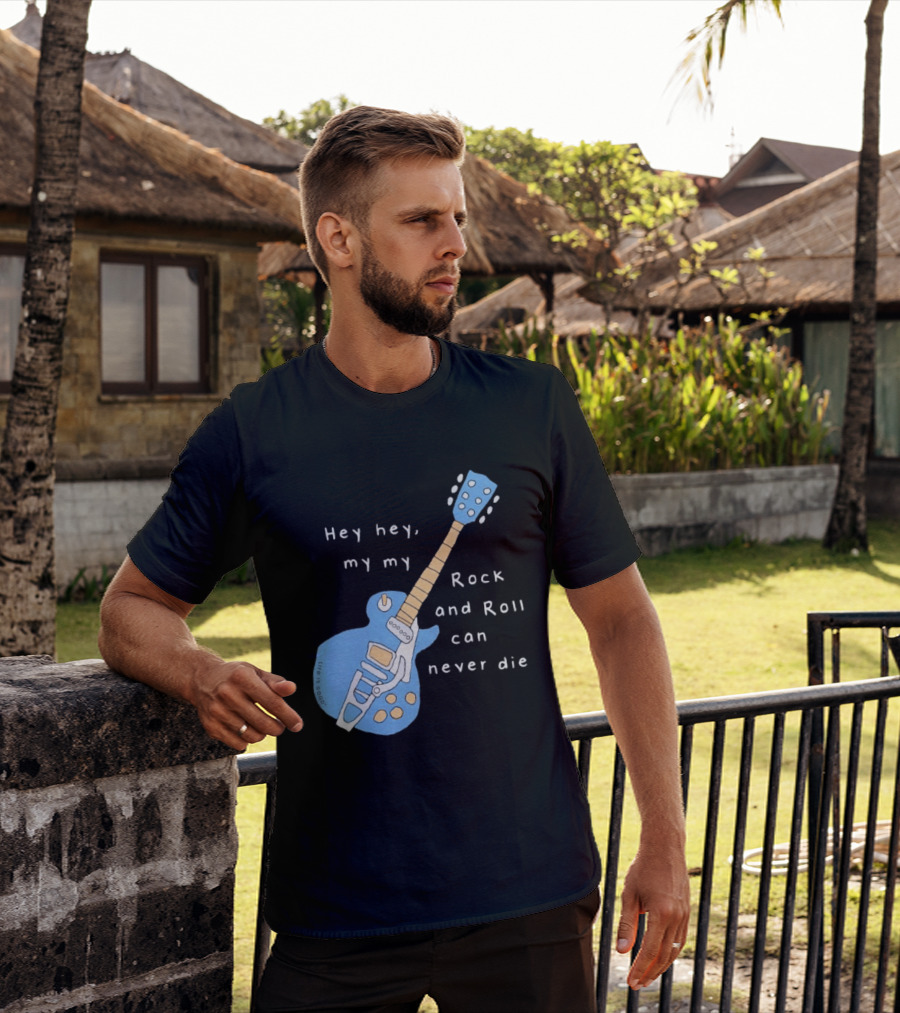 Hey Hey My My Rock And Roll Can Never Die Blue Guitar T-Shirt