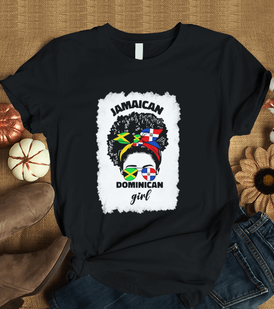 Jamaican Dominican Girl Afro Headwrap Flag Sunglasses T-Shirt