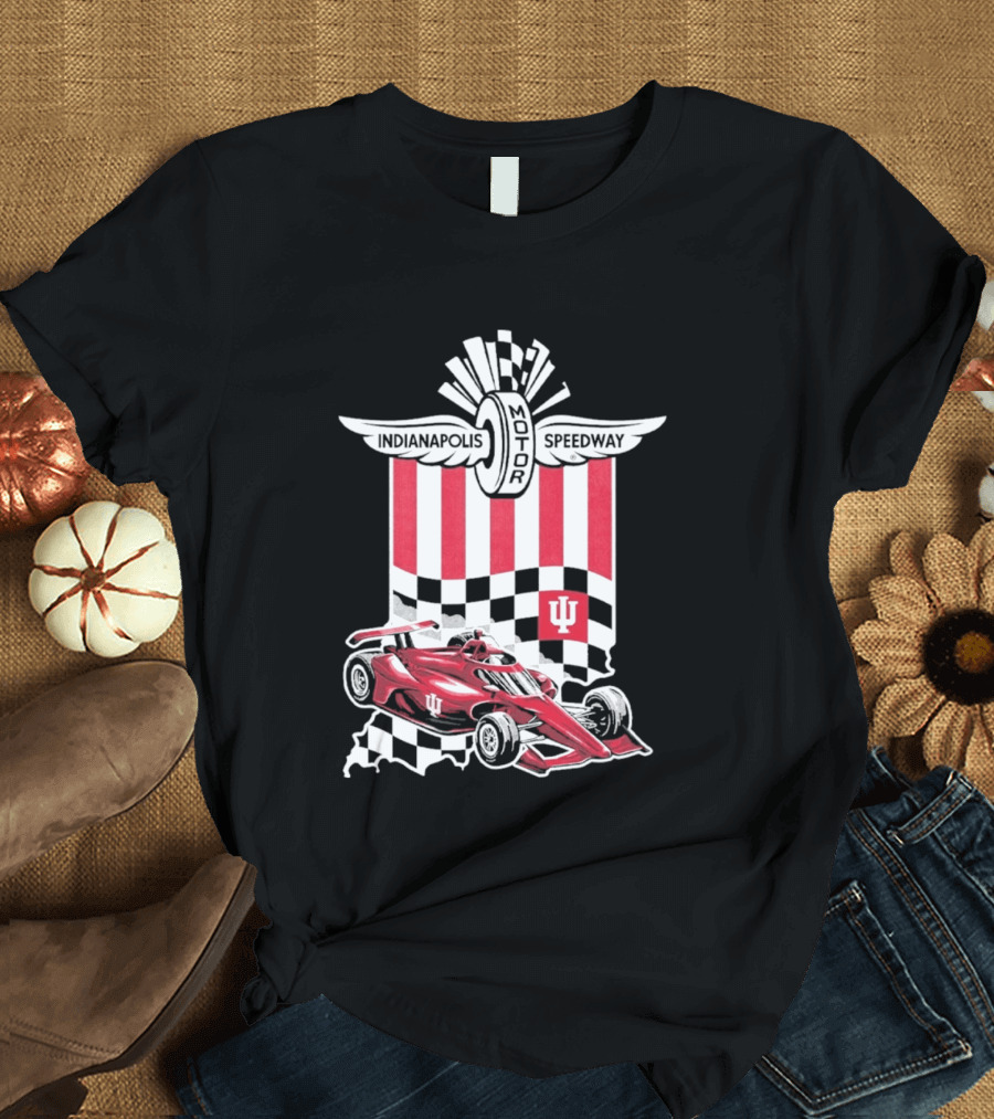 Indiana Hoosiers Red Race Car Indianapolis Motor Speedway Checker Flag T-Shirt