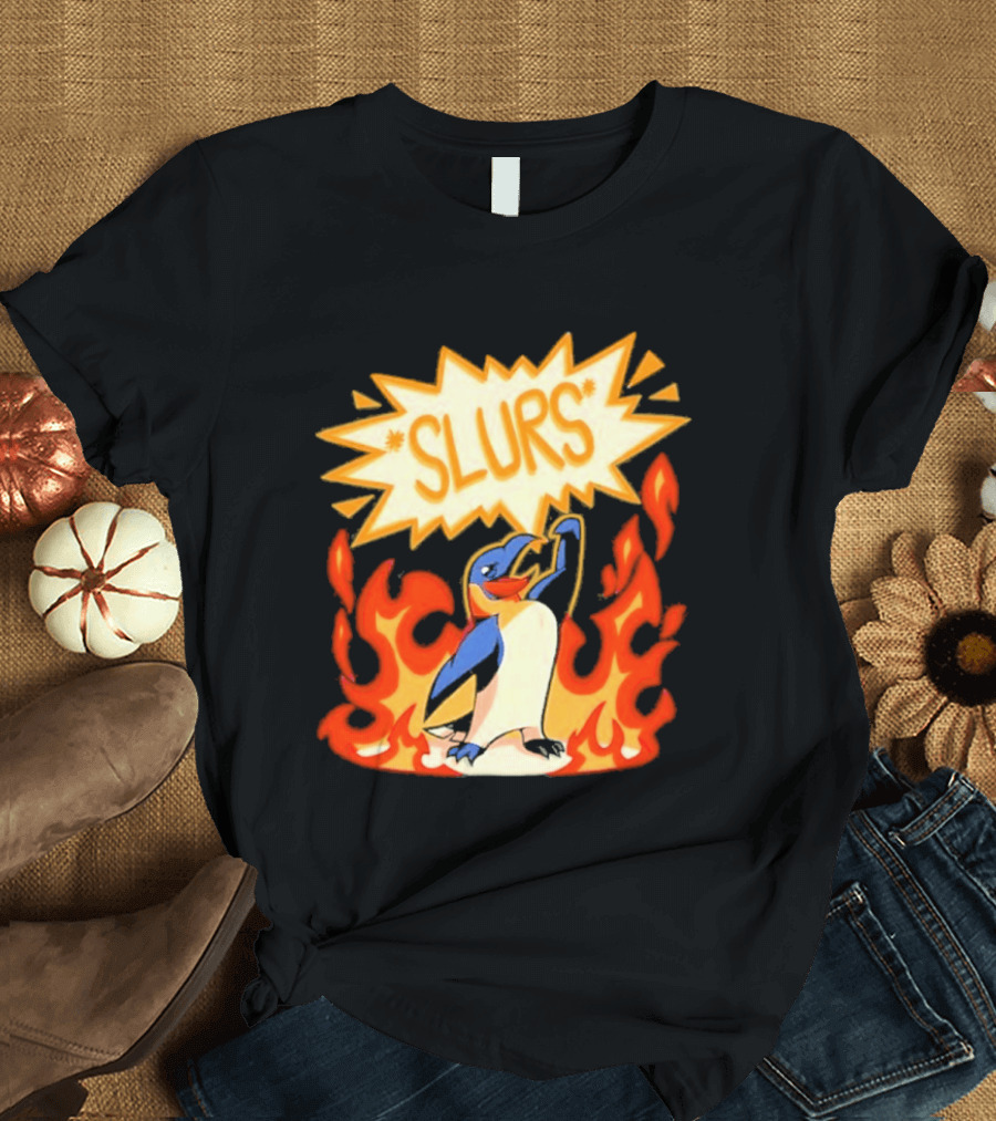 Penguin Slurs Cartoon Flaming Penguin In Fiery Speech Bubble T-Shirt
