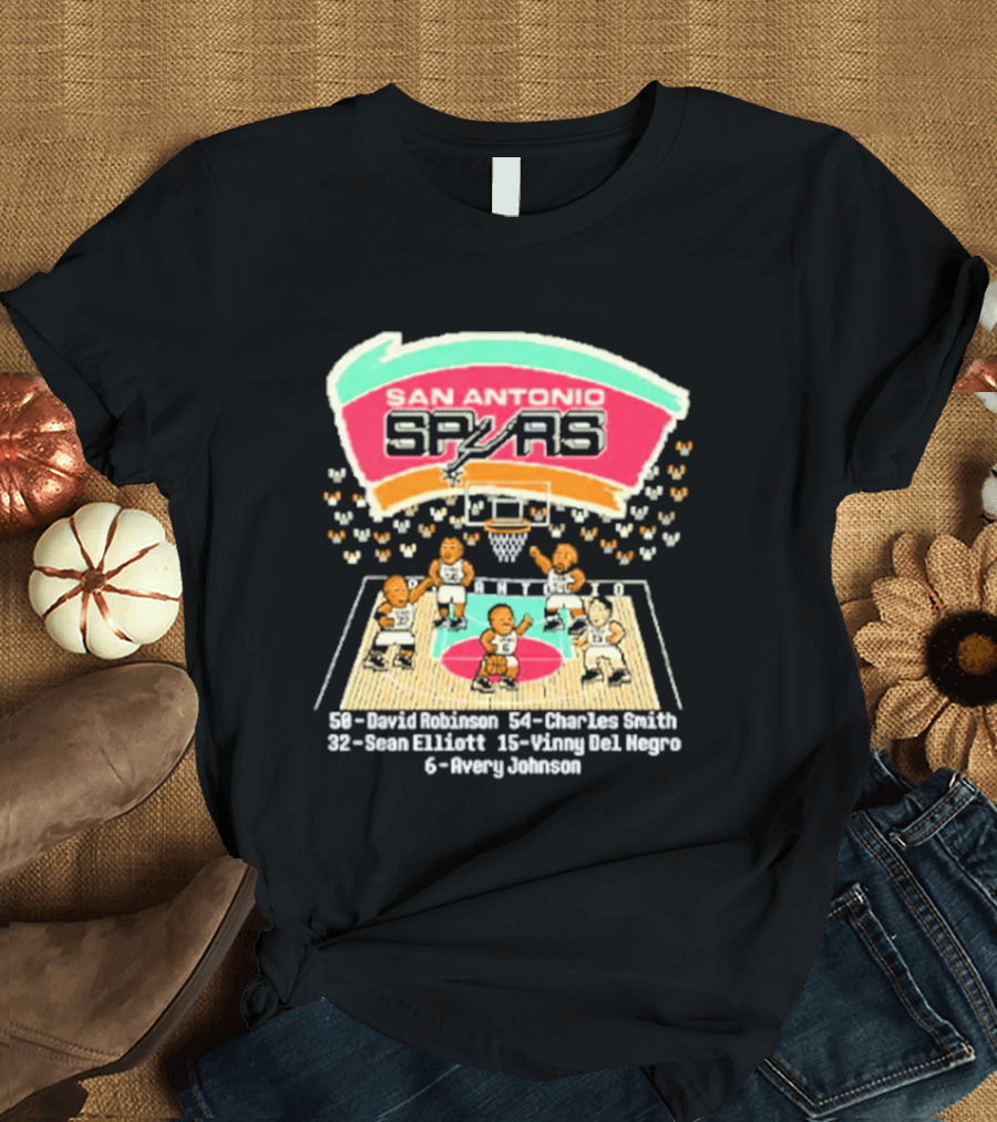 San Antonio Spurs David Robinson Charles Smith Sean Elliott Vinny Del Negro Avery Johnson Basketball Team T-Shirt