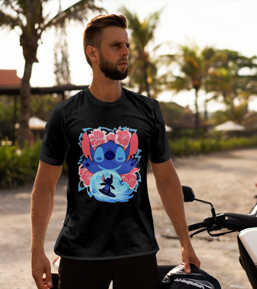 Lilo And Stitch Surfing Tropical Hibiscus Flowers T-Shirt