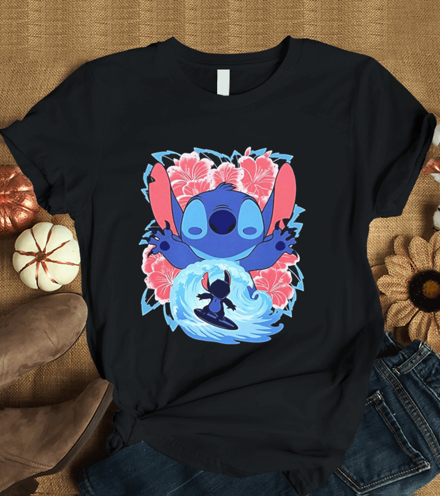 Lilo And Stitch Surfing Tropical Hibiscus Flowers T-Shirt