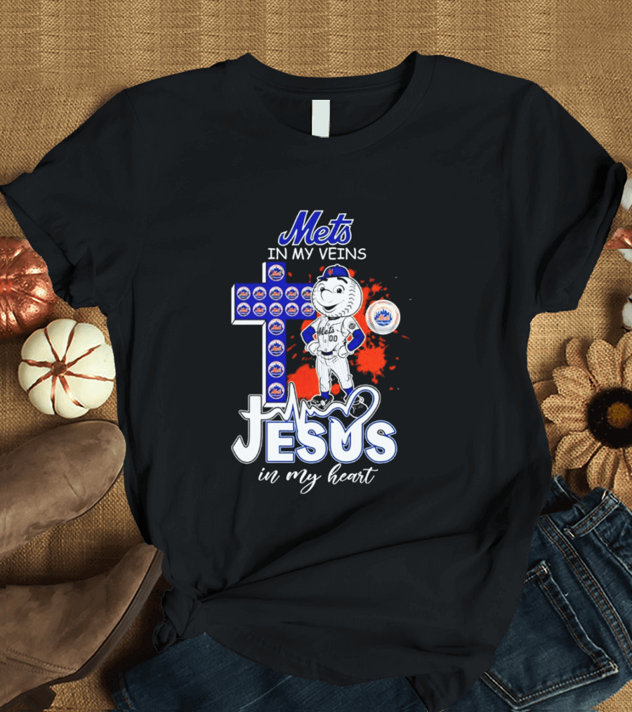 Mets In My Veins Jesus In My Heart Cross And Baseball T-Shirt