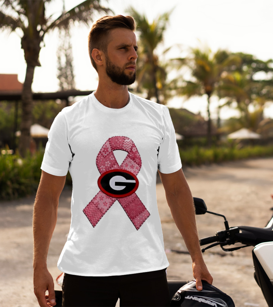 Georgia Bulldogs Patchwork Pink Ribbon Breast Cancer Awareness T-Shirt