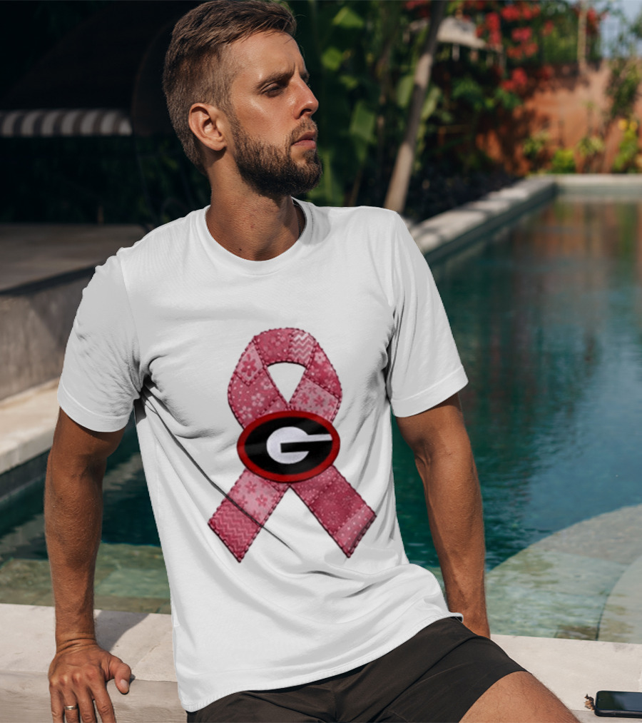 Georgia Bulldogs Patchwork Pink Ribbon Breast Cancer Awareness T-Shirt
