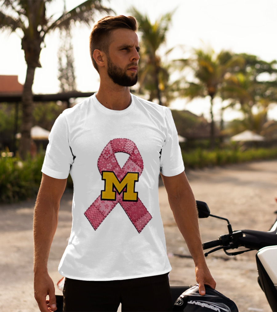 Michigan Wolverines Breast Cancer Awareness Pink Ribbon Patch T-Shirt