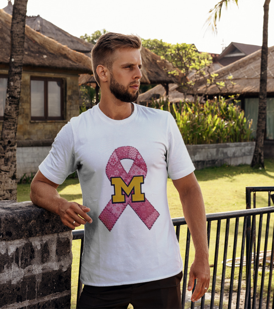 Michigan Wolverines Breast Cancer Awareness Pink Ribbon Patch T-Shirt