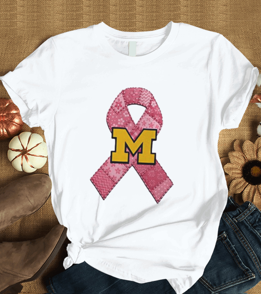 Michigan Wolverines Breast Cancer Awareness Pink Ribbon Patch T-Shirt