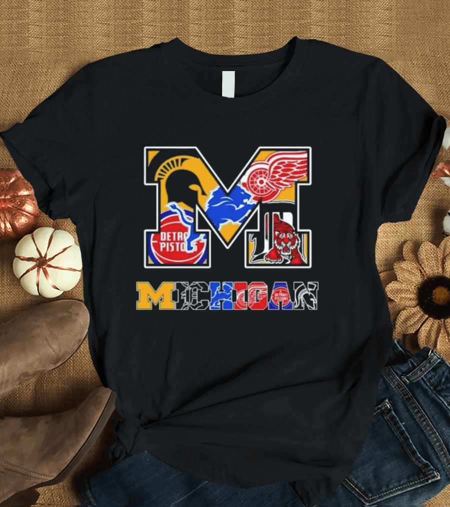Michigan Sports Team Logos Mashup Detroit Pistons Red Wings Lions Spartans Tigers T-Shirt