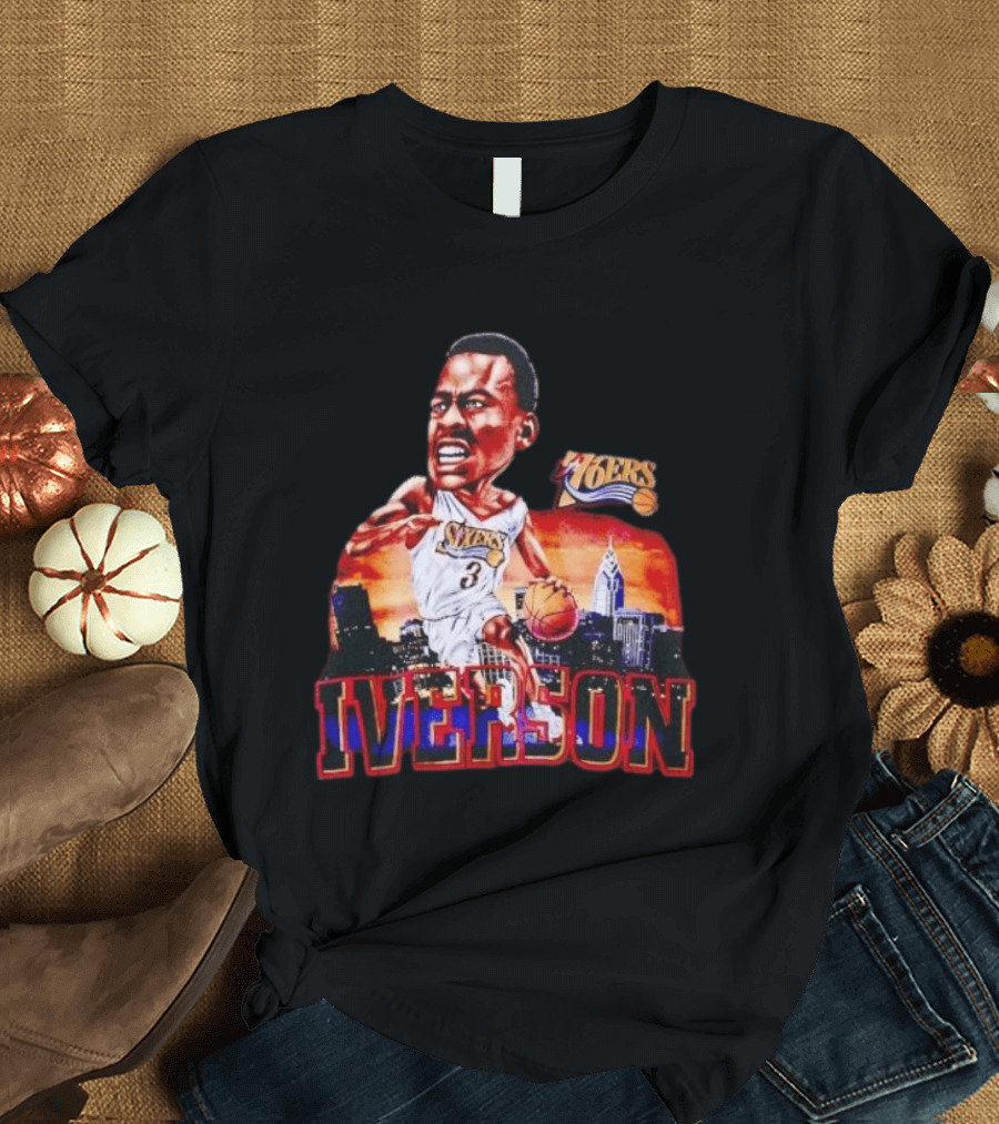 Allen Iverson 76ers Caricature With Philadelphia Skyline T-Shirt