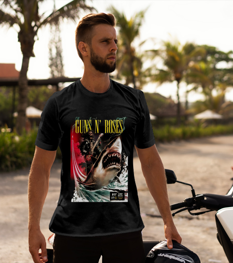 Guns N' Roses May 05 2026 Hard Rock Live Hollywood Concert Skeleton Guitarist Shark Wave T-Shirt