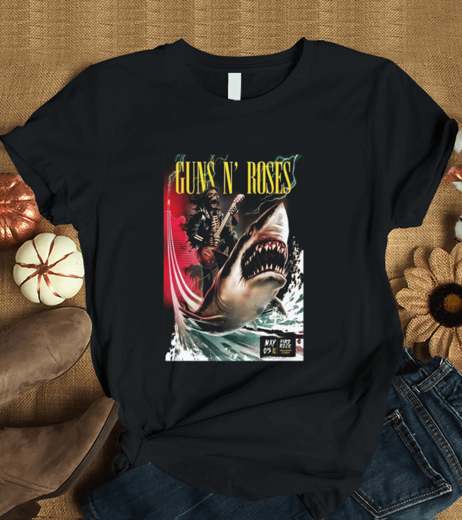 Guns N' Roses May 05 2026 Hard Rock Live Hollywood Concert Skeleton Guitarist Shark Wave T-Shirt